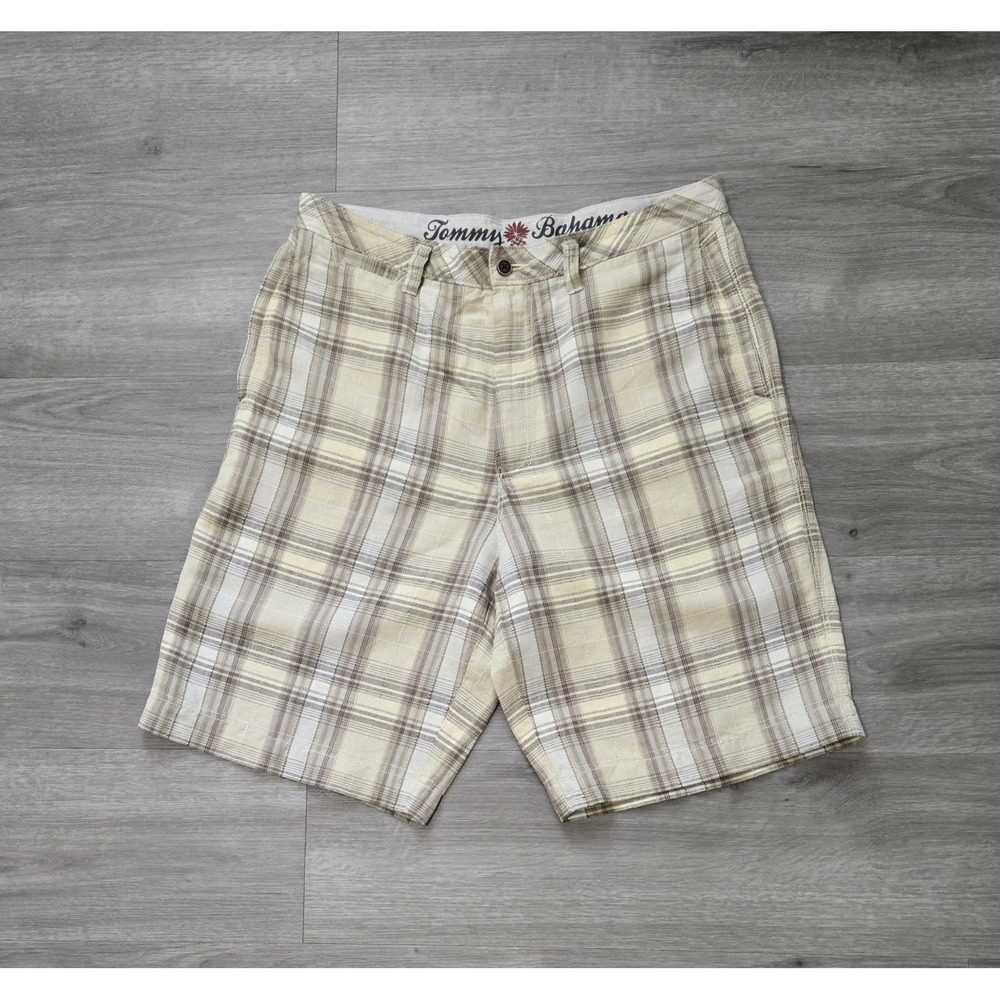 Tommy Bahama Shorts Men 34 Beige Plaid Chino Linen Silk Paradise Nation Vacation